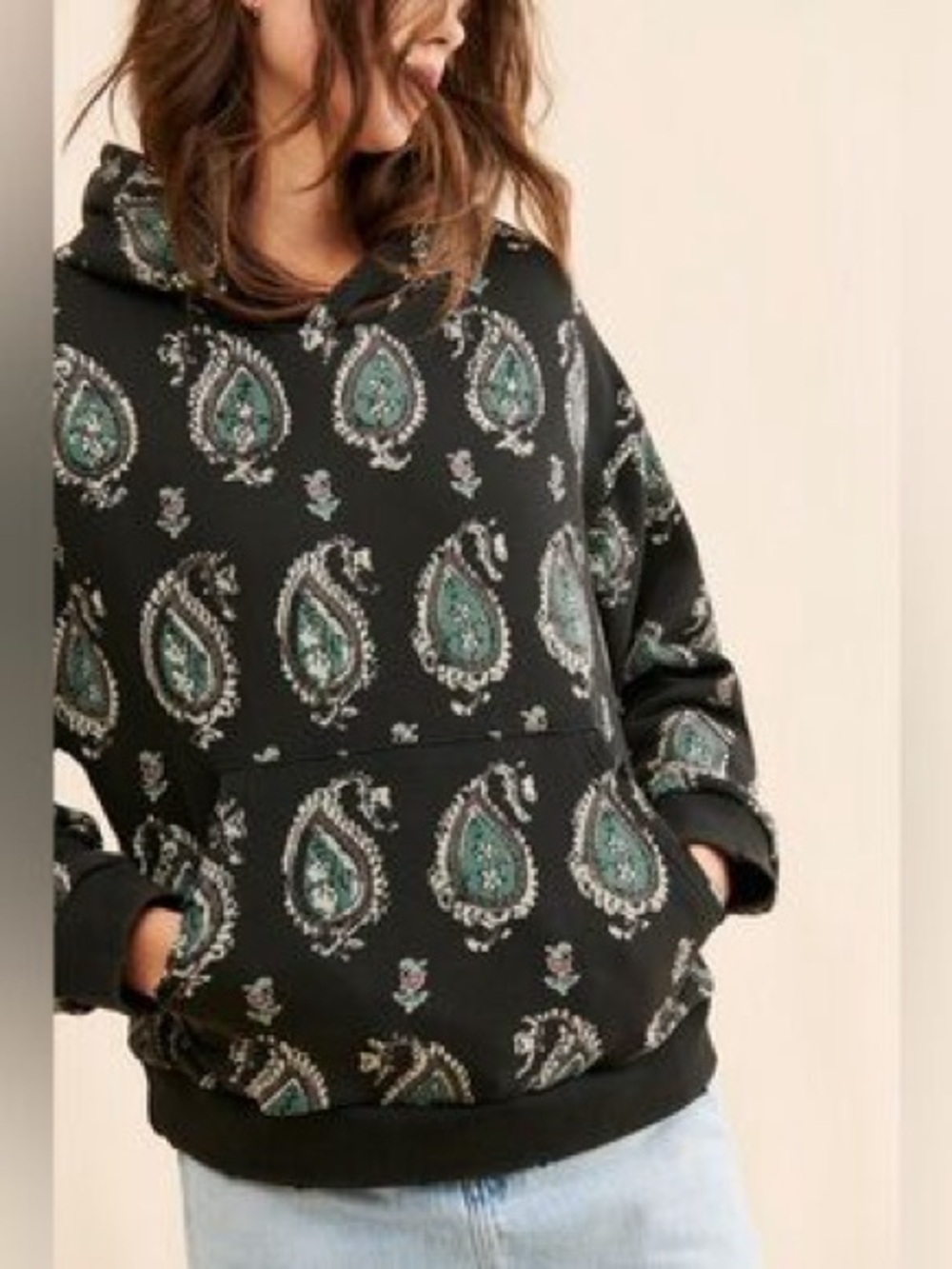 FREE PEOPLE X FOUND Monogram Printed Hoodie Large Black paisley oversized comfy